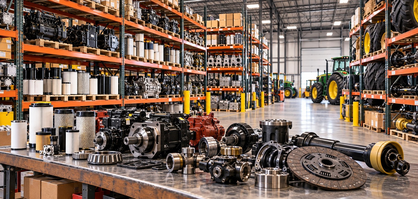 Agricultural parts warehouse with tractors and replacement components